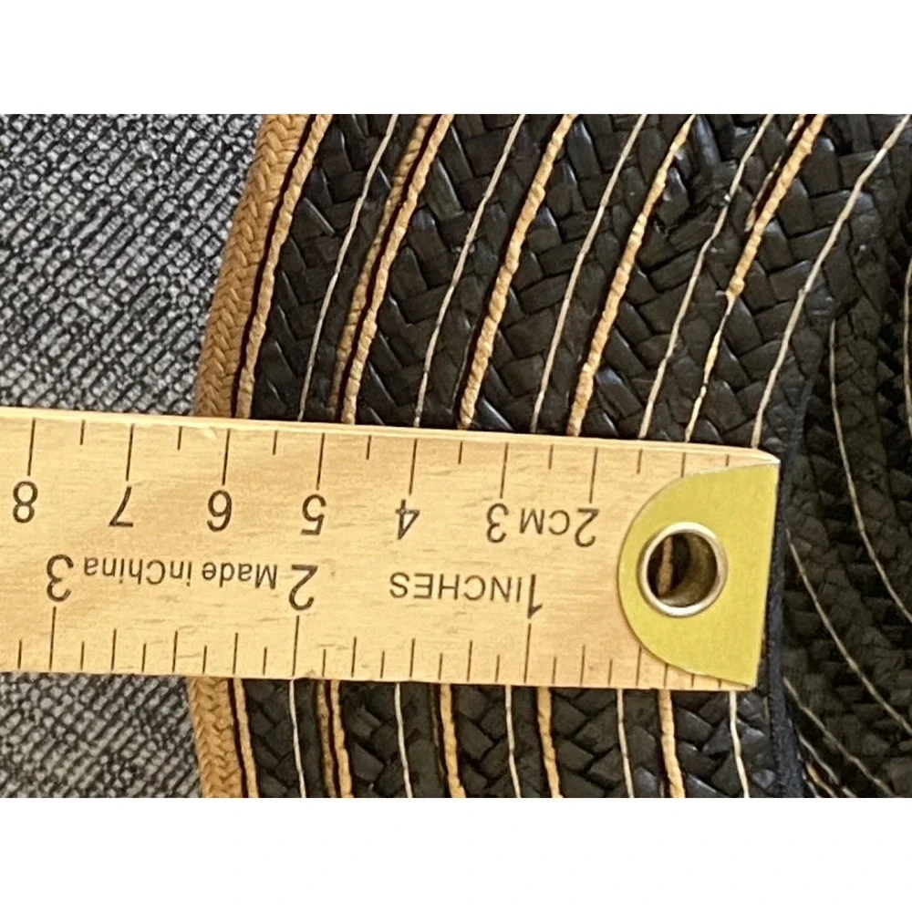 BCBGeneration Straw Boater Hat Black & Natural Striped Flat Top Sun Hat NWT
